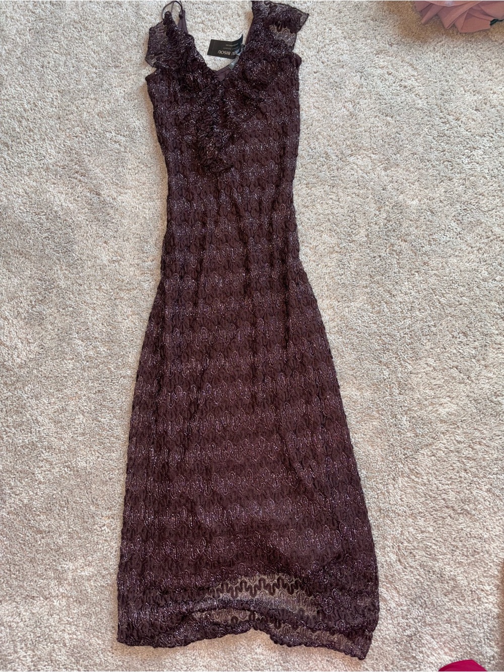 NWT Vintage Bisou Bisou Chocolate Metallic Lace Ruffle High Low Midi Dress M